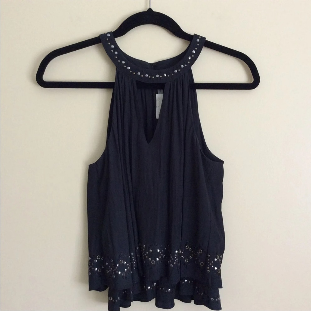 Ramy Brook High Neck Key Studs and Embroidered Key Hole Tank Black Sz XS